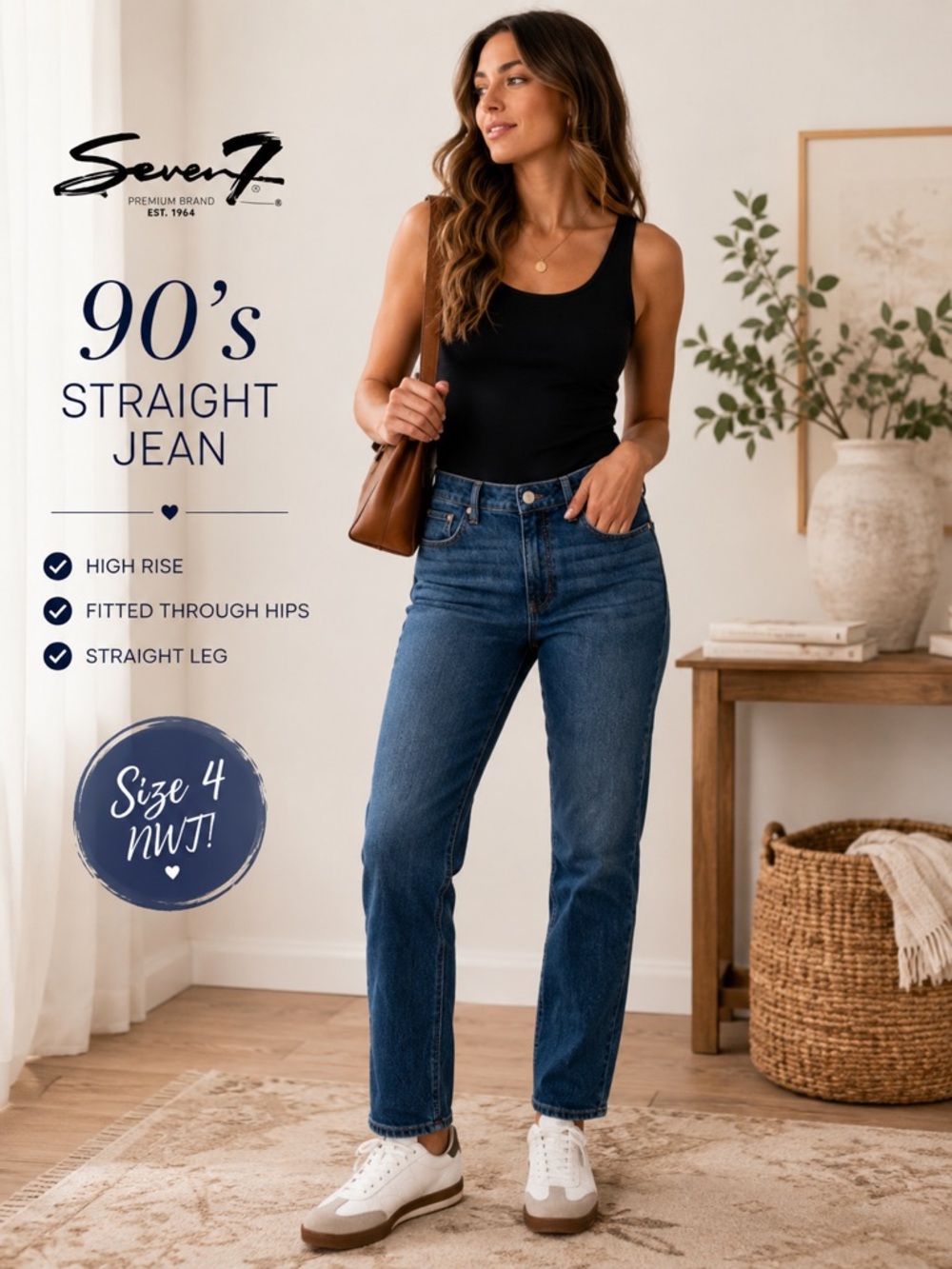 Seven7 90's Straight Jeans Size 4 NWT High Rise‎ Medium Wash Denim